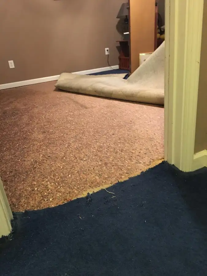 Carpet pad removal revealing water damage during Drying & Dehumidification in Burbank